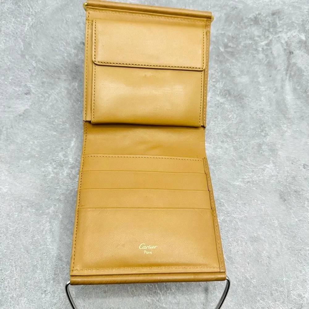 CARTIER Leather Tan BiFold Dual Mix Metal Handles Men’s Wallet